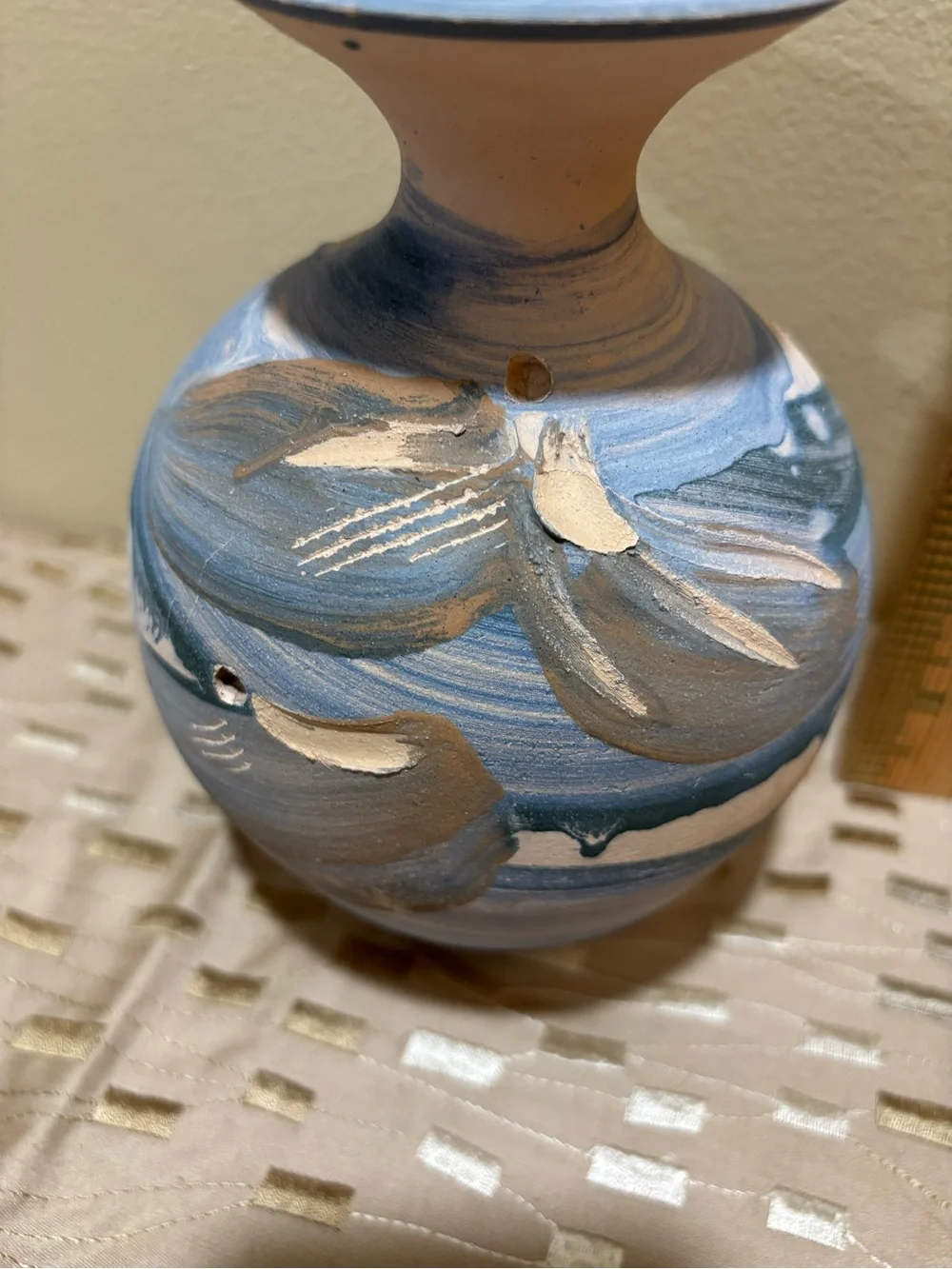 Hand-Painted Swirl Ceramic Vase in Blue and Brown
